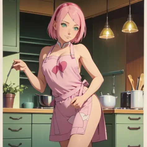 1girl, Solo, Masterpiece, High Resolution, Super Detailed, High Quality, Short Hair, Bright Pink Hair, Large breasts, Green Eyes, Naughty, Border, Naked Apron, full body, kitchen, 