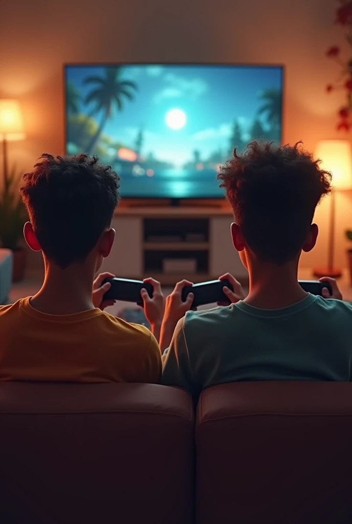 a high-definition full picture of two black teen boys, gaming on a console, back view, view from the back, sitting on a couch, controllers in hand, tv in view