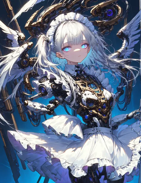 Masterpiece,Top quality,High resolution,Super definition illustration,detailed background,detailed skin,detailed face,detailed eye,sci-fi,cyberpunk,1-girl,cyborg,(skinny:1.2),small chest,(expressionless:1.2),(maid :1.6),(Maid Apron:1.4), Silver hair, White...