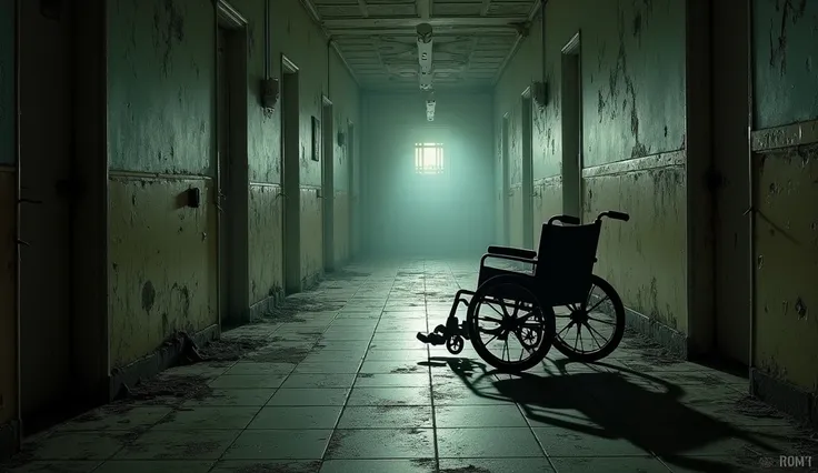 A derelict asylum corridor, with peeling paint, broken tiles, and an old wheelchair casting shadows.
