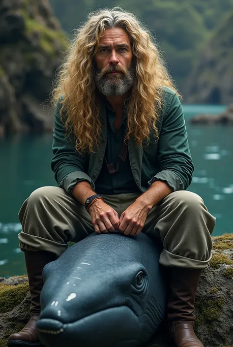 (photorealism:1.2), Take a portrait of Rosario Muniz with long curly blonde hair and with a beard sitting on a rock with a whale underneath 