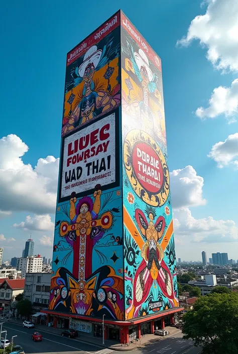 A large vertical mural on a high-rise building outside of a major city in Thailand is covered in colourful graffiti. The Dondy White-inspired artwork features a billboard that reads 12/12 5th Anniversary Nuad Thai. Blue sky. 8K resolution. High resolution.