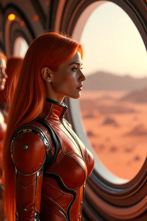 "A group of beautiful girls with sleek, coral-colored hair, wearing coordinated futuristic space suits aboard a Mars spacecraft. The suits are elegant and streamlined, with metallic accents. They are looking out of the large windows, observing the red land...