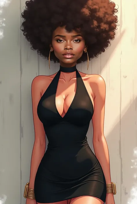 Anime type brunette woman with Afro hair wearing sleeveless black mini dress