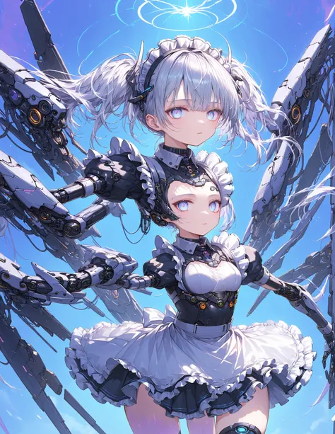 Masterpiece,Top Quality,High Resolution,Ultra-Definition Illustration,detailed background,detailed skin,detailed face,detailed eye,sci-fi,cyberpunk,1-girl,cyborg,small chest,(expressionless:1.2),(maid:1.6),(maid Apron:1.4), Silver hair, White eyes, Partial...