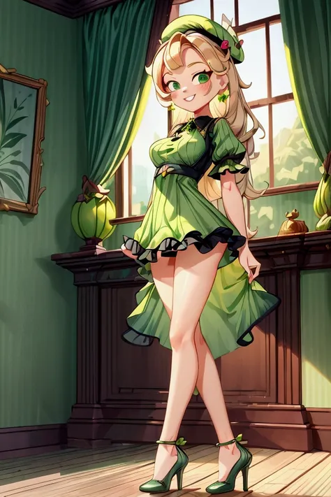 (masterpiece, best quality) 1 girl(Landscape: standing, indoor, intricate detail, sunlight) (Outfit: black and green frilly striped dress, high heels, earrings, beret) (Body: white blonde long hair, green eyes, teen gorgeous body, gorgeous legs, pronounced...