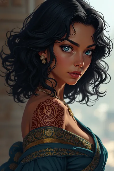 a dark-skinned, stern, belligerent-looking girl with shoulder-length black curly hair, sky-blue eyes, with a "Mehendi" (this is a henna tattoo) on her shoulder.  Her expression is serious. She is dressed in the clothes of the Far East.in any me style