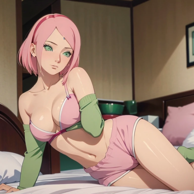 1girl, Solo, Masterpiece, High Resolution, Super Detailed, High Quality, Short Hair, Bright Pink Hair, Large breasts, Green Eyes, Naughty, Border, Pajamas, full body, bedroom, sleeping,  