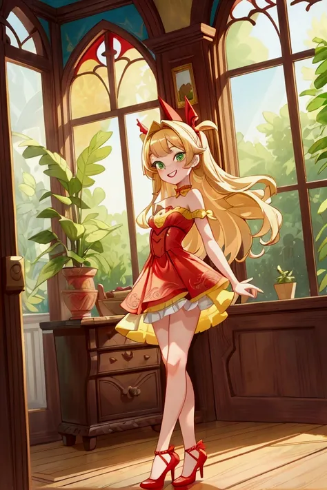 (Masterpiece, best quality) 1 boy, standing indoors with intricate details and sunlight, red and yellow frilled dress with short neckline, red shoes, blonde long hair, green eyes, sexy smile, teeth showing, sexy pose, coquette, confidense acttitude, beauti...