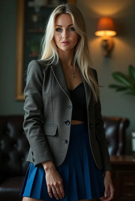 Foto hiperrealista en primer plano de Emily Sears, masterpiece, best quality, (photorealistic:1.4), (tweed business suit:1.1) and (blue pleated skirt:1.1), (black stockings:1.2) (high heels:1.2), in psychiatrists office, cinematic light, beautiful lady mag...