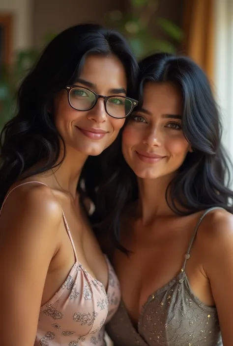 Two sexy mother and daughter girls with cleavage, the black-haired mother with glasses and cleavage and the daughter but short brown with neckline