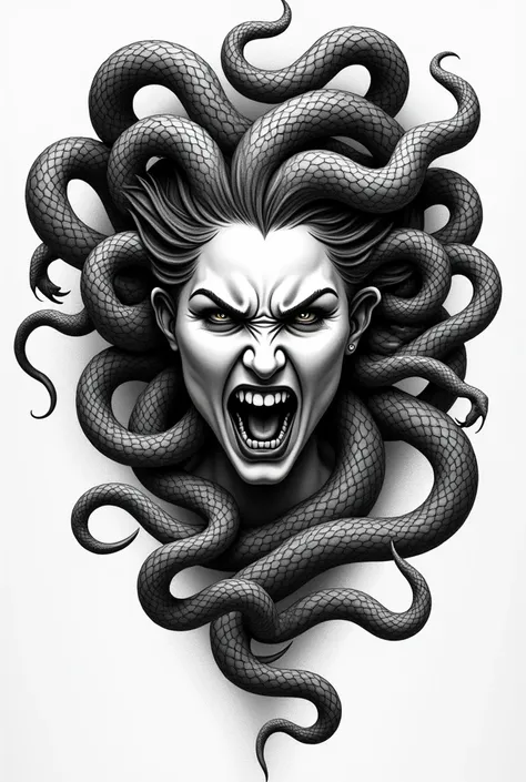 Make a black and white tattoo design of the goddess Medusa with an angry face and angry snakes showing their tongues 