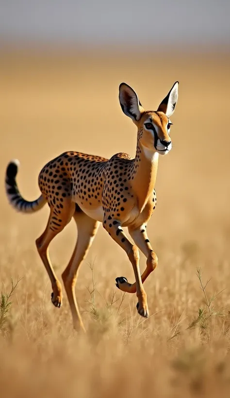 A graceful yet powerful hybrid animal, combining the slender body and agility of a gazelle with the speed and muscle of a cheetah. It moves with incredible speed across the savannah, its long legs propelling it forward like a blur, while its sleek cheetah-...