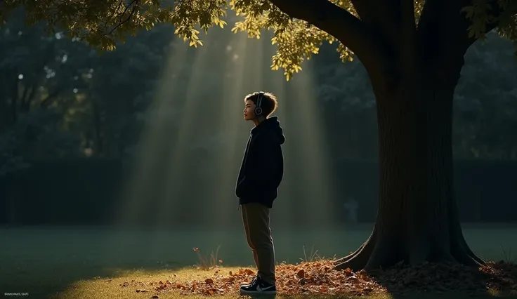 " A teenager stands under a large tree ,  wearing a black hoodie and large headphones on his head ,  enjoys music with eyes closed and peaceful expression .  Hands put into pants pocket ,  while his shoes touch the ground grassy with strewn dry foliage . D...