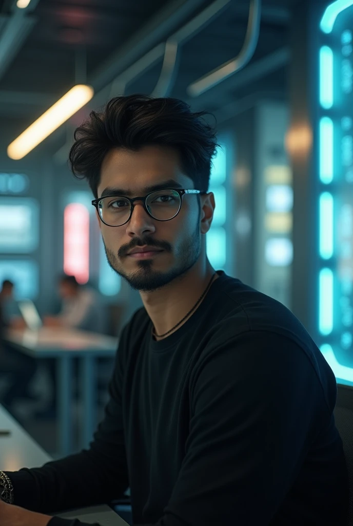 A young asian/bangladeshi man  age 21 with dark hair [(and beard)] [(and rimless glass on face)] and a confident smile is wearing a black shirt background a cyberpunk room is a little bit blurry