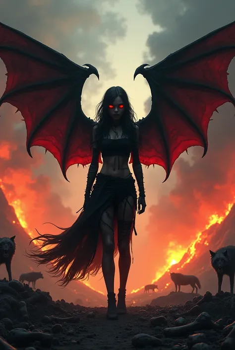 An evil girl with fiery eyes in black broken clothes and a red outline. She has large black wings standing between two exploding volcanoes and surrounded by skeletons, bones, monsters and wolves