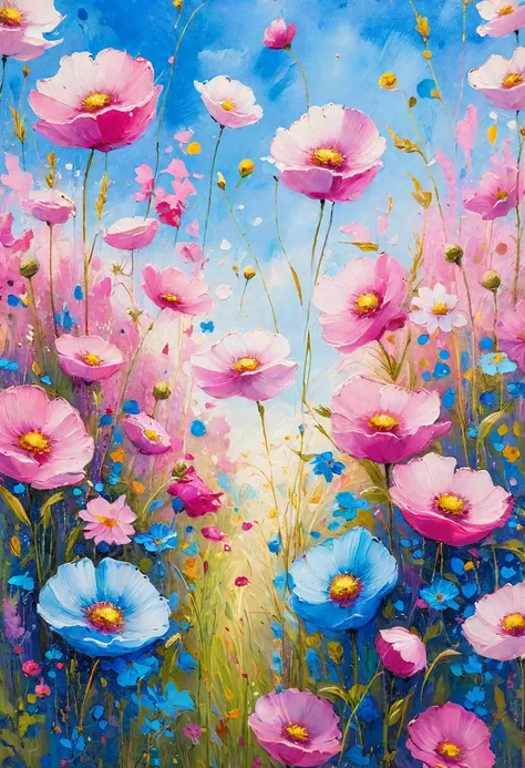 A field of lush pink flowers blooming under a blue sky, a fantastical floral meadow, pastoral flowers, graceful and refined painting, splattered flower painting, pastel toned artwork, summer meadow, exquisite oil painting, luxurious artwork, modern style o...