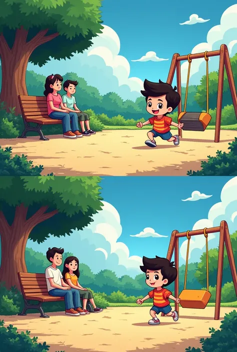 "Create two cartoon images that appear almost identical but contain 3 well-hidden differences for a challenging spot-the-difference game.

Scene: A lively park with ren playing on swings, a slide, and parents sitting on a bench under a shady tree.

Style: ...