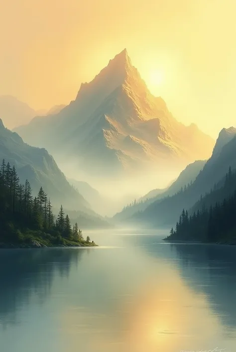 " Mountain view with a lake in front of it,  thin fog covers the top of the mountain ,  and the sky is golden in the morning . Impressionist style ."