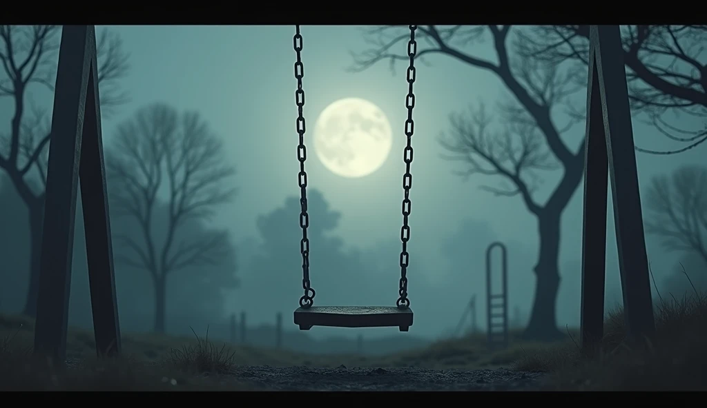 A lonely swing swaying in an empty playground under a cloudy, moonlit sky.
