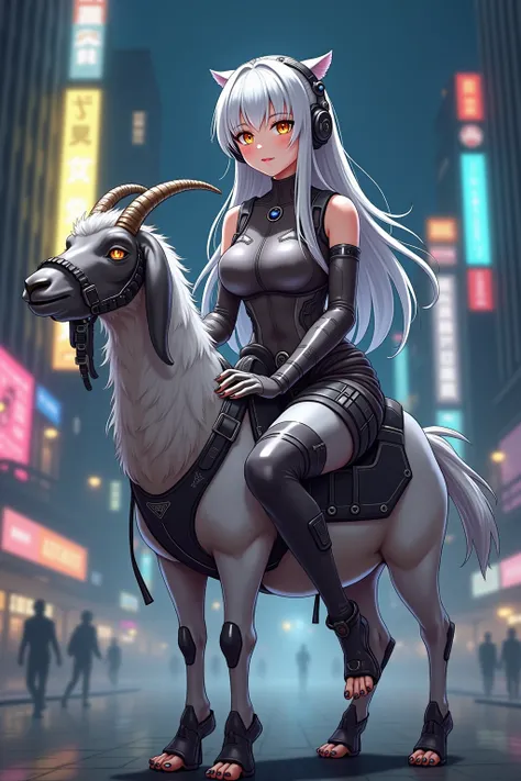  Beautiful anime woman, long beautiful white hair, detailed orange eyes,Large breasts, wearing futuristic headphones, silver nail polish on her hand and toe nails, beatiful detailed feets, wearing a futuristic cyber punk outfit, riding a small goat with sa...