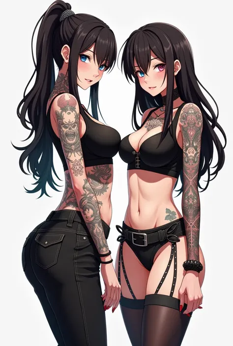 Anime. Two women. One is 6 foot 8 inches tall with a few  tattoos and a goth style with medium boobs and butt. The other women is 5 foot 6 inches tall and has even more tattoos, she has large boobs and a big butt and is muscular and also has a goth style. ...