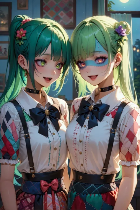 Zombie schoolgirls wearing stylish chokers and wristbands designed to mimic stitching.(Their greenish skin is decorated with patchwork-like patterns), treated as part of their fashion. They chat while sewing, with moonlight softly illuminating their faces,...