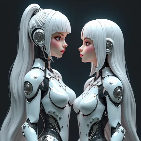 robot、Mecha、doll，Two Human Girls ， a silver and white long hair and a short hair ，Long phase cute，Good figure． Rendering High-Quality 3D CG Image ， 《Gemini Zodiac Sign Symbol Mecha》 High Quality 3D CG Rendering 。Mecha design uses a uniform matte silver and...