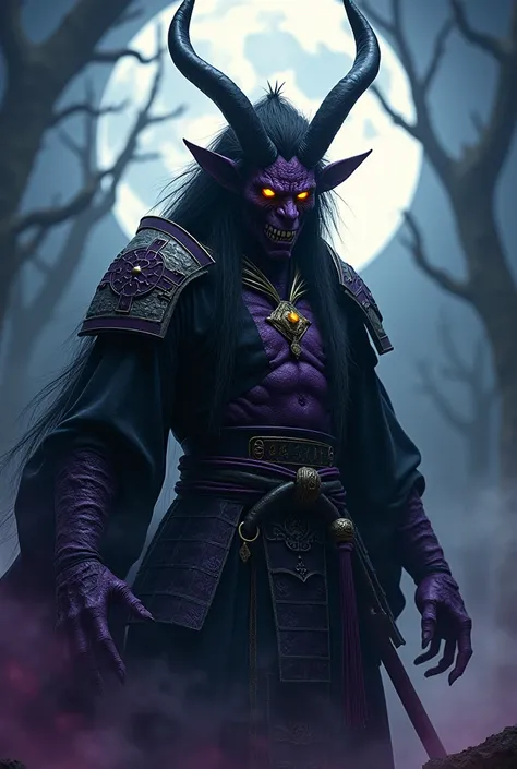 A demon of the night half human half demon. With the traditional Japanese war clothing with the colour of black and purple with Golden eyes 