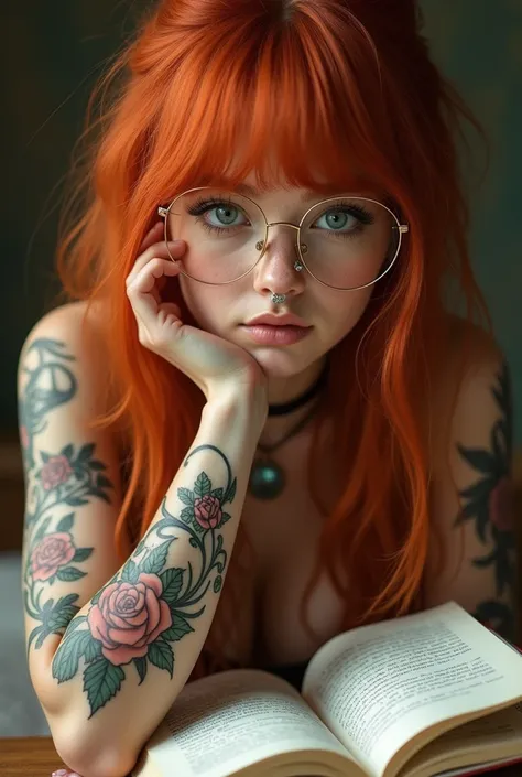 A girl with smooth red hair and gold glasses, A book has her hand ,  arms floral tattoo , piercing au nez style un peu rockeeuse