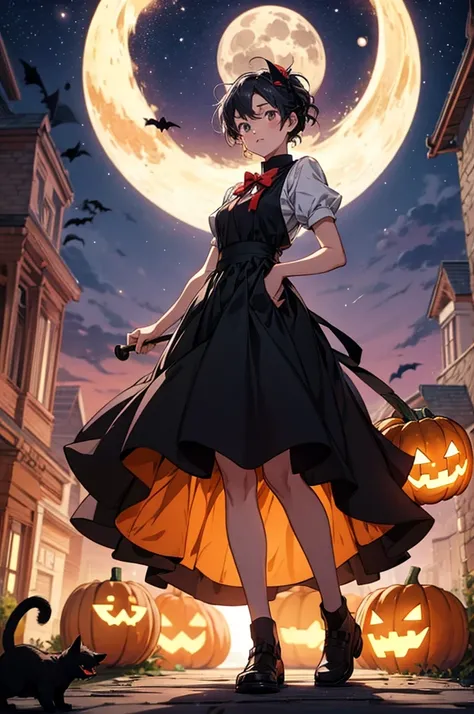 A cute Kiki from "Kikis Delivery Service" in the style of Hayao Miyazaki, Anime girls with big posing for pictures，standing in front of a huge black cat, wearing a red bow on her head and holding a pumpkin basket full of candy. Full-body shot, with a Hallo...