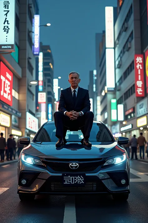 A man sitting on top of a Toyota Civic in Tokyo