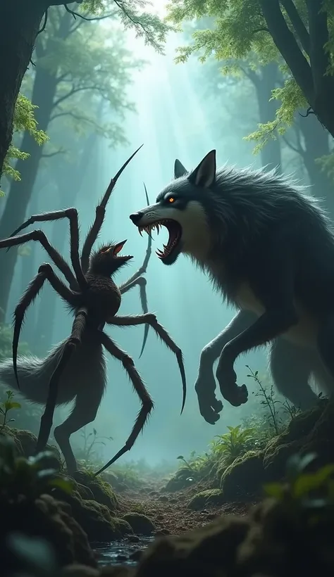 Create a dramatic scene where a furious spider and an enraged wolf are facing off in an intense standoff. The spider is rearing up, its legs spread wide and fangs poised to strike, while the wolf bares its sharp teeth, growling menacingly. The background i...