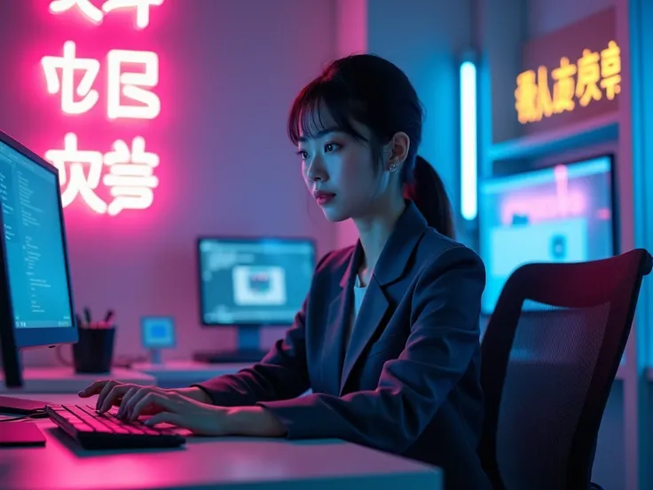 An image of a Japanese woman working in front of a computer in an office seen from an oblique front。Women、Luxurious and beautiful neon lights shining。