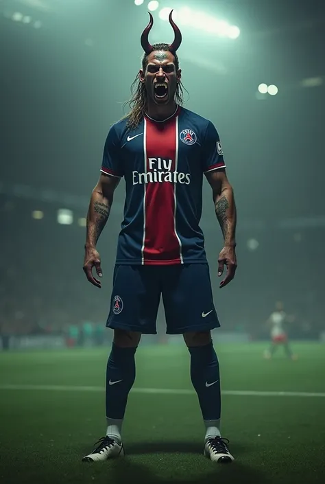 Demonic football player Zlatan Ibrhimovic wearing the Paris Saint Germain team uniform.