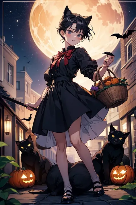 A cute Kiki from "Kikis Delivery Service" in the style of Hayao Miyazaki, Anime girls with big posing for pictures，standing in front of a huge black cat, wearing a red bow on her head and holding a pumpkin basket full of candy. Full-body shot, with a Hallo...