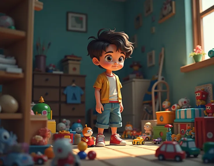 Young teenage boy ,  standing in his room watching his toys,  toys are on the floor 