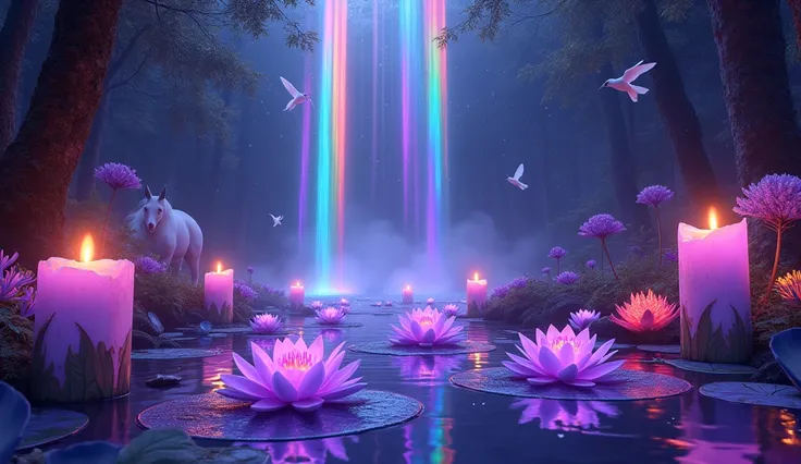 7 fluorescent purple water lilies above the water , 7 large violet candles,  in a forest ,  at night,  the sun illuminates the entire forest ,,  a large waterfall of rainbow-colored water,  symbol om on stones above the ground , a beautiful purple giant ro...