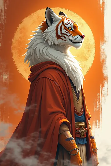 ( Best quality),(masterpiece),(  super detailed  ),Orange Eyes,hairy, unique ,Light white fur, Orange fur,Orange corner,profile picture, Smile,Human(tiger),male,Tall and thin,one person, dynamic posture,Motion Blur,(masterpiece:1.2),orange white background...