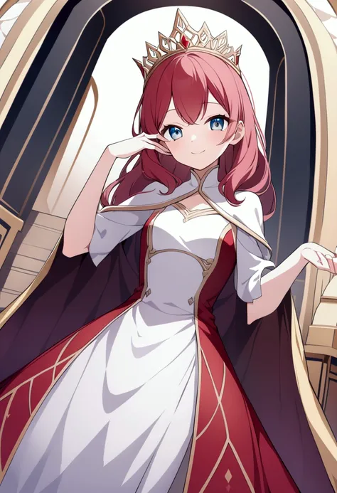 Princess-16-years old. She enters the throne room with a calm and strict step, her beauty is modest. Her short red hair to her shoulders, framing her face and emphasizing her eyes. She smiles at you shyly. Her dress is modest and closed, but she holds hers...