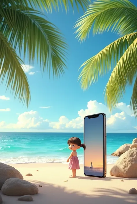  clear image of an iphone and the image of a small , s, girl on the seashore , Palm trees,  Vivid image 