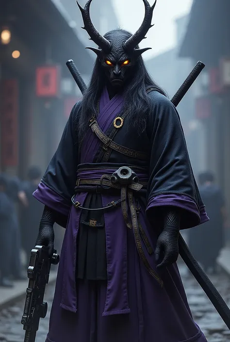 A demon of the night human version. With the traditional Japanese war clothing the clothing colour is black and purple with Golden eyes. The human demon will have a Japanese katana and a gun of the future. Human form 