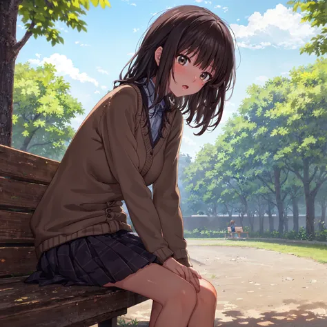 amagami,(low angle),park,ankle socks,girl sitting on a bench,{{beautiful middle -sized breasts1:4}},beautiful eyes,brown special curls hair,grey eyes,school uniform,brown sweater,pleats mini skirt,thin eyebrows,looking at another,(( ultra detail)), God Qua...