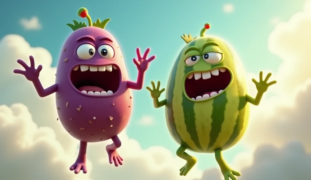 purple grape monster and sliced watermelon monster, green, yellow, colors, fierce face, laughing face, shocking face, 3d animations, pixar, bioluminescent, vibrant colours, flying in the ((sky with white cloud  background)), singing and dancing, backlight,...