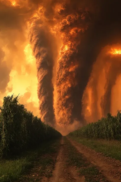 (best quality, masterpiece, photorealistic, elaborate details:1.2), The picture depicts a fantastical, almost apocalyptic scene of multiple massive tornadoes, glowing intensely orange, descending from a fiery, turbulent sky. They loom over a rural dirt roa...