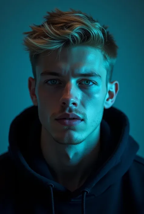  Real film  , hautporen, very young men, A attractive man, light skin, glowing blue eyes,  platin blonde hair, Hohe Details,  high quality, HD Model, angular face shape , no beard , no wrinkles,  square face shape, markanter kiefer, muskolös, black hoodie,...