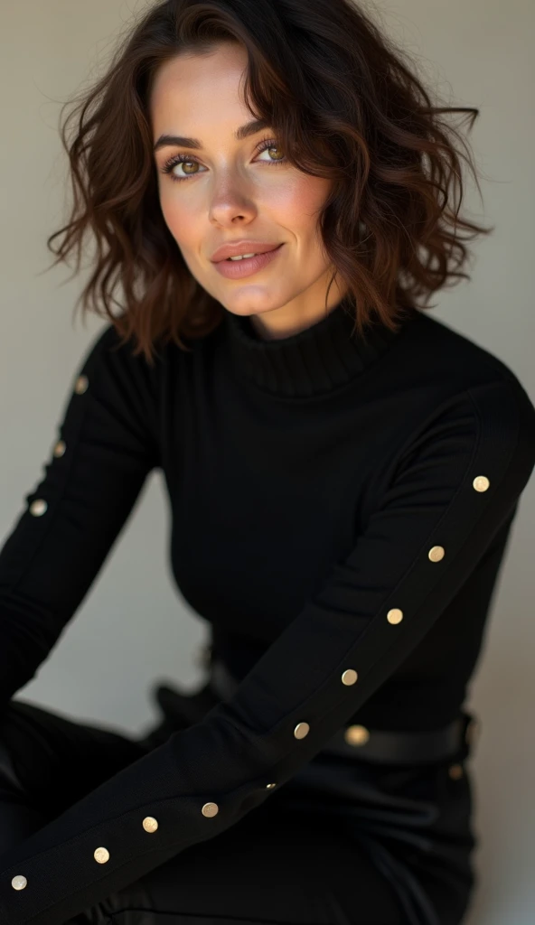  A sophisticated woman between 30 and 40 years old, posed in an elegant and thoughtful manner, sitting and slightly leaning forward with one arm resting on her knee. She is dressed in a sleek black turtleneck sweater with button details on the sleeves and ...