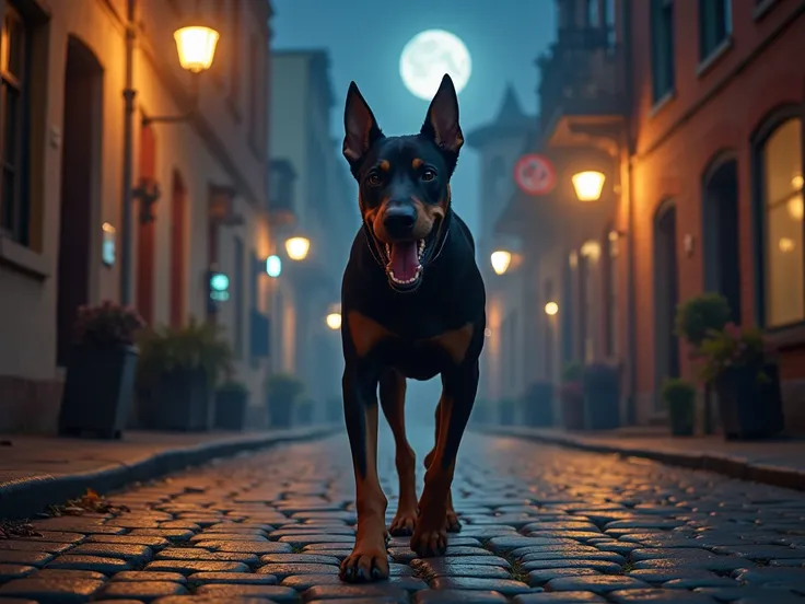 "Draw me an image of a fierce Doberman Pinscher walking directly toward the camera on a cobblestone street at night. The scene is illuminated by glowing, cinematic streetlights, with a full moon casting an ethereal glow in the background. The atmosphere is...