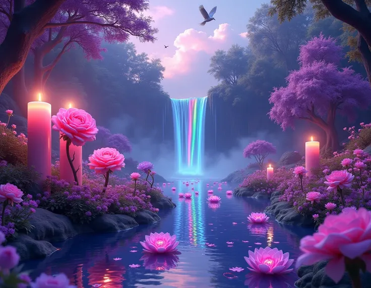 three giant precious fluorescent pink roses, 7 large violet candles,  in a forest ,  at night,  the sun illuminates the entire forest ,,  a large waterfall of rainbow-colored water,  symbol om on stones above the ground , a beautiful purple giant rose in t...