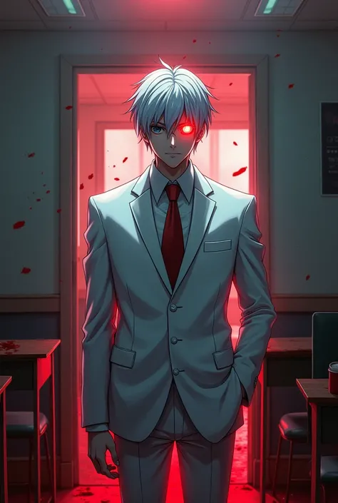 Anime style, best quality, inside classroom, mr. President probowo,white suit, left eye glowing red, blood everywhere